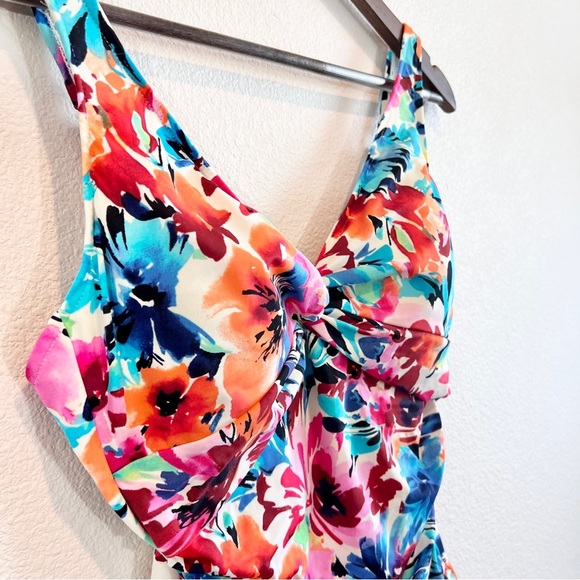 Swim Solutions Floral Twist Front One Piece Mio Swimsuit Size 14 Bright Tropical - Picture 4 of 11